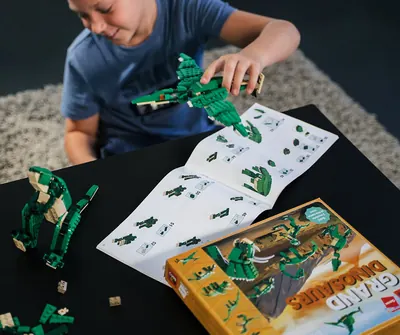 Ein Junge baut nach der Anleitung einen Dinosaurier