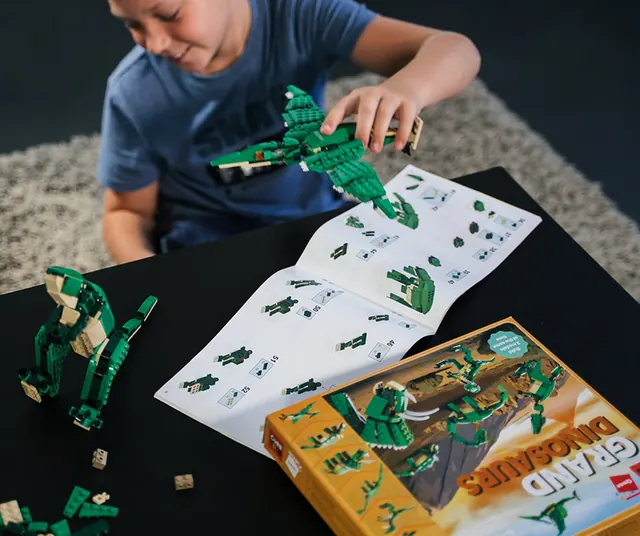 Ein Junge baut nach Bildanleitung einen grünen Dinosaurier