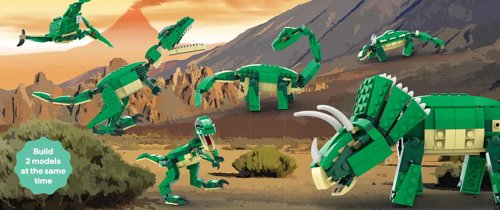 Six green brick dinosaurs in a volcanic landscape
