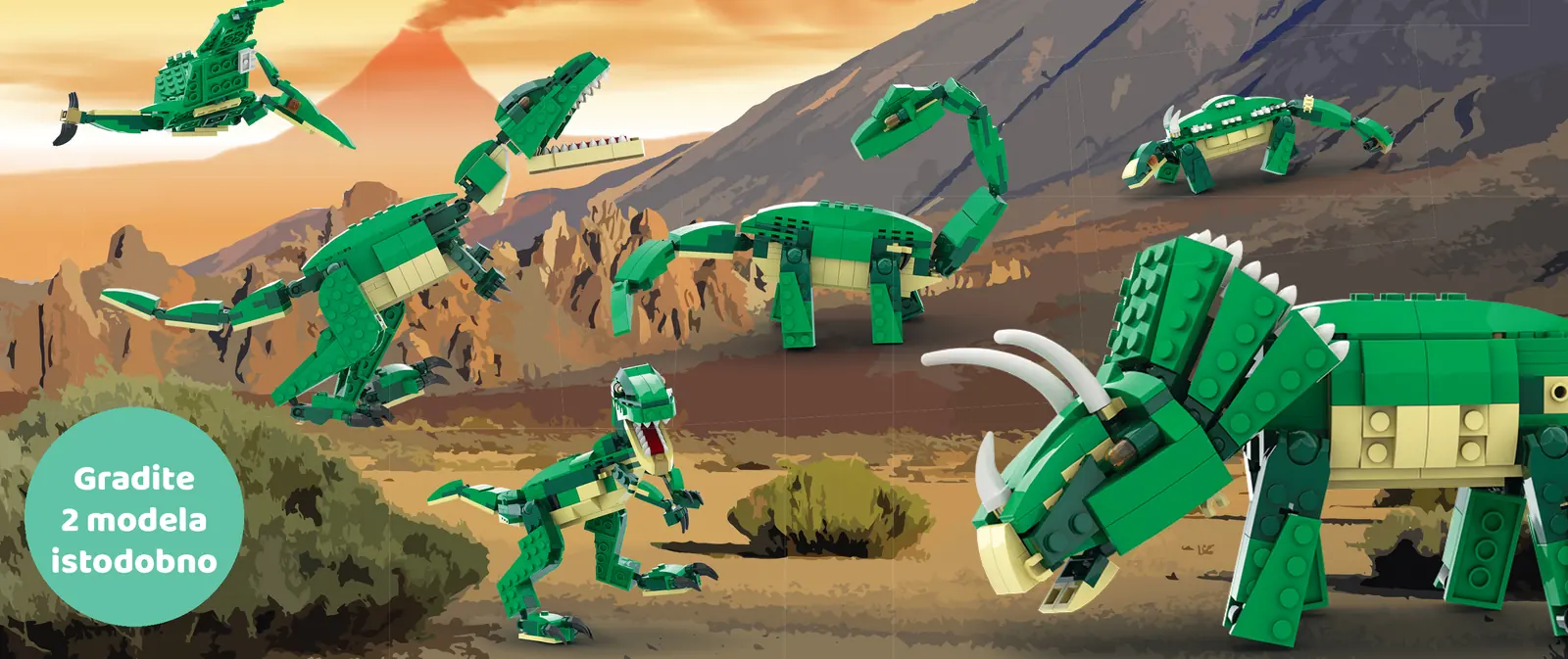 Šest zelenih dinosaura od kockica u vulkanskom pejzažu
